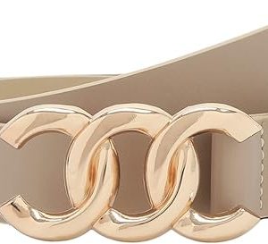 Beige belt with gold interlocking buckle design, ideal for accessorising casual or formal outfits