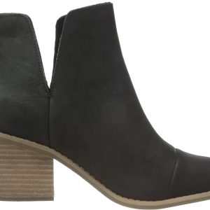 Black heeled ankle boot with wooden mid-heel, side view, featuring smooth texture for fashion-forward style