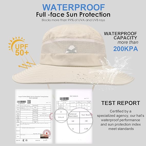 Waterproof sun hat with UPF 50+ blocking UVA, UVB rays, and 200kPa capacity, verified by certification test report