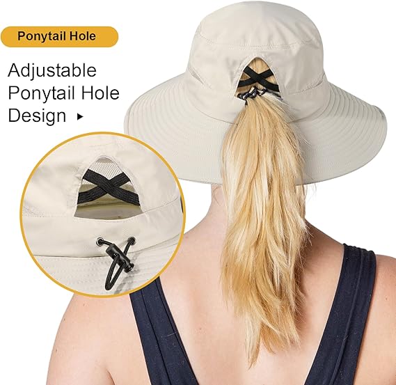 Sun hat featuring adjustable ponytail hole, ideal for outdoor activities and keeping hair comfortably styled