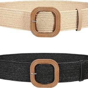 Two stylish woven belts, beige and black, with square buckles for fashionable outfits